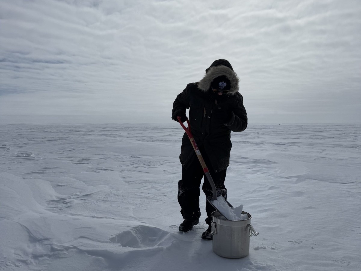 Person in heavy winter clothing uses a shovel to collect snow into a metal bucket on a vast, snowy landscape under a cloudy sky.