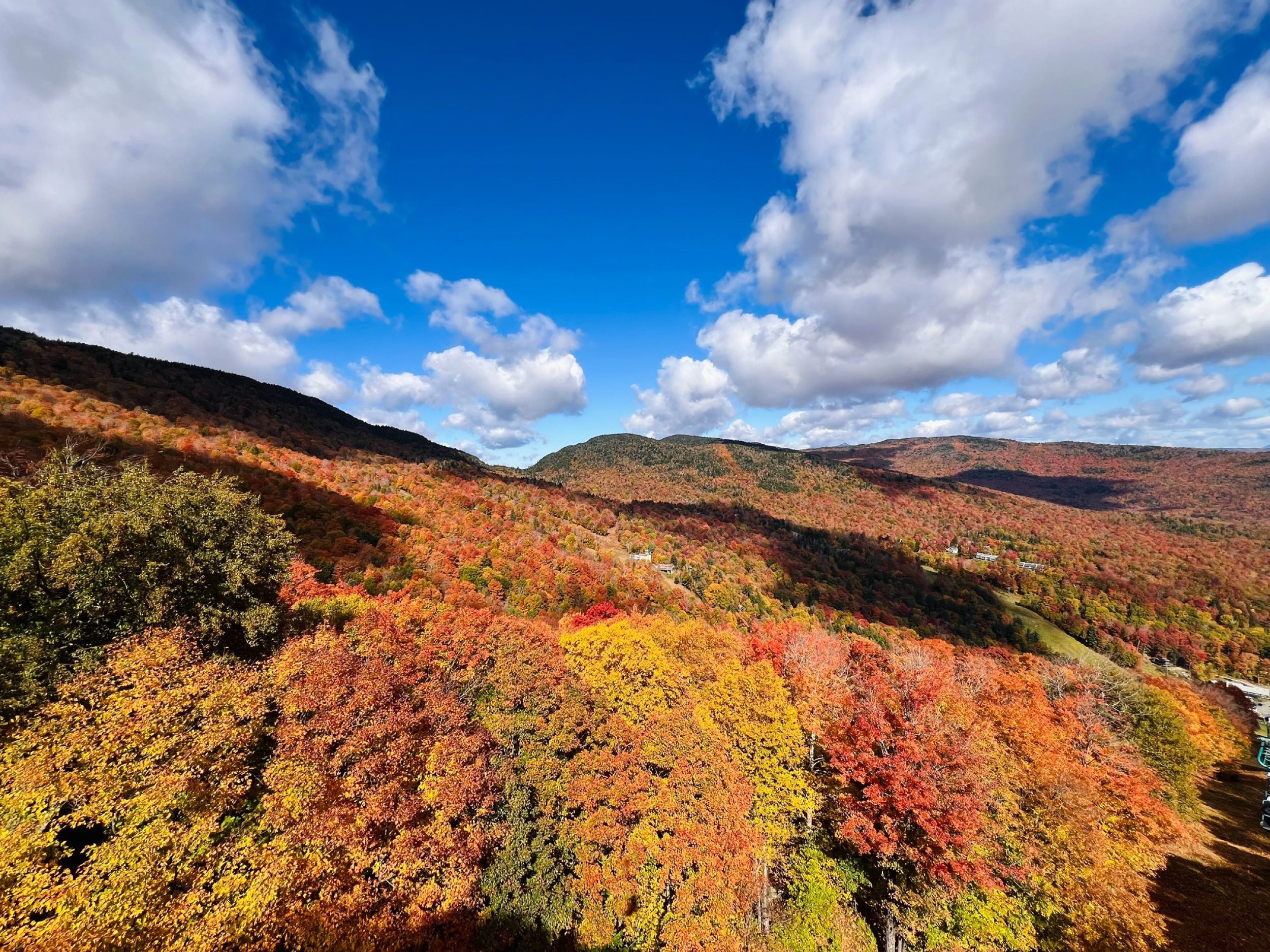 Colorful autumn trees cover rolling hills under a bright blue sky with scattered clouds.