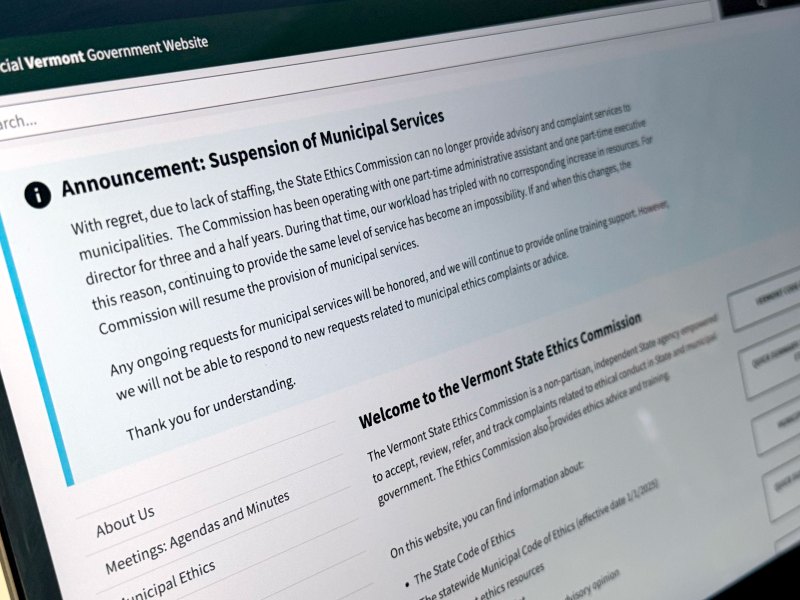 Computer screen displaying an official Vermont government website with an announcement about the suspension of municipal services due to staffing shortages.