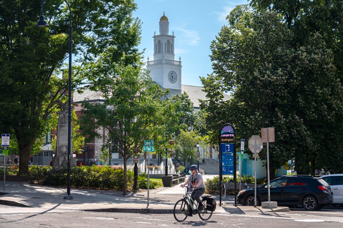 A person rides a bicycle on a sunny street with trees, parked cars, signs, and a white clock tower building in the background.