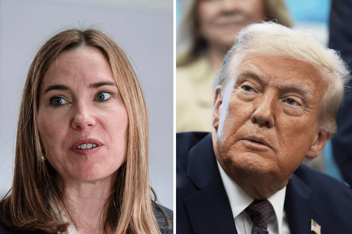 A woman with light brown hair is shown on the left, while a man with blond hair and a suit is shown on the right in a split-screen image.