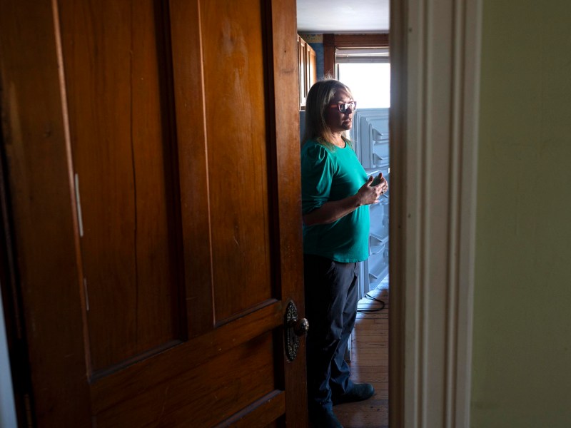 A woman stands in a sunlit room near a window, partially seen through an open wooden door.