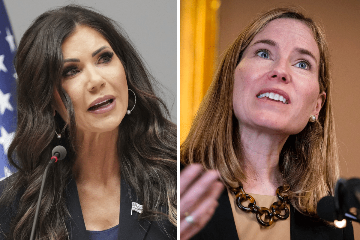 Split image of two women speaking at podiums; the woman on the left has long dark hair, the woman on the right has shoulder-length blonde hair. Both are wearing business attire.