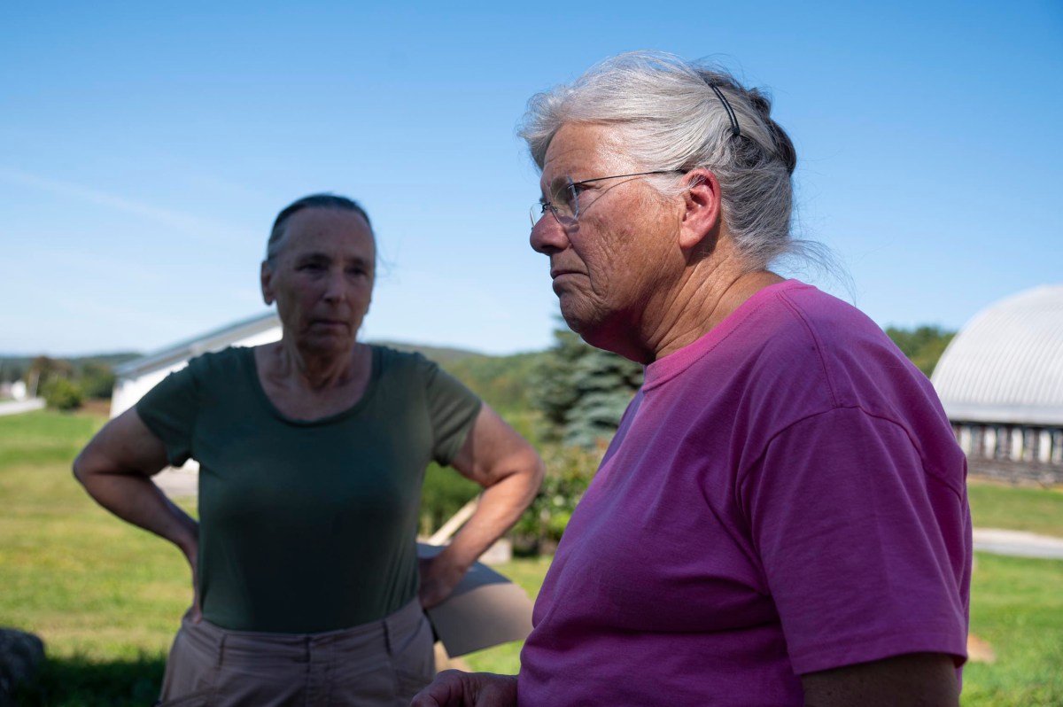 Two older women stand outdoors on a sunny day, one in a pink shirt in the foreground and one in a green shirt in the background, with buildings and trees visible behind them.