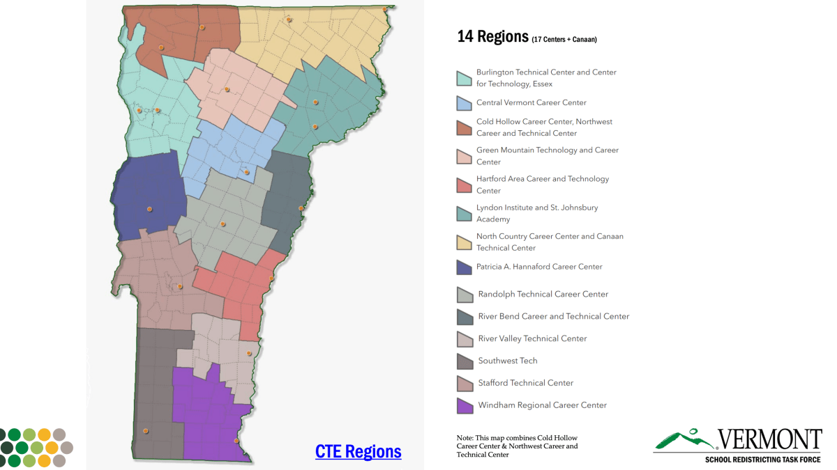 Map of Vermont showing 14 colored CTE regions, each labeled and color-coded to technical centers listed on the right. Vermont School Board logo at bottom right.