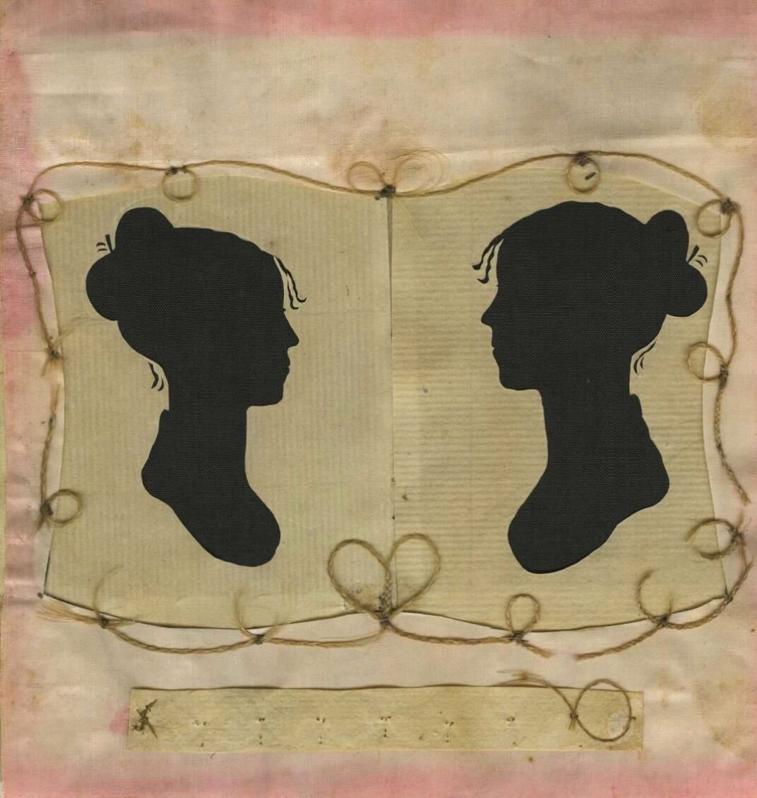 Two black silhouettes of women in profile face each other, framed by a border made of string on a textured, aged paper background with pink edges.