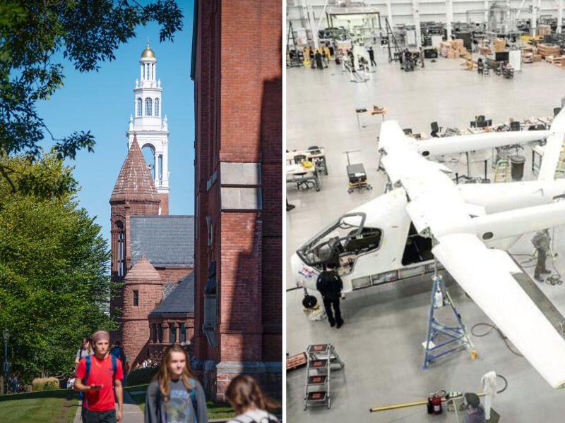 Brick buildings and a white aircraft