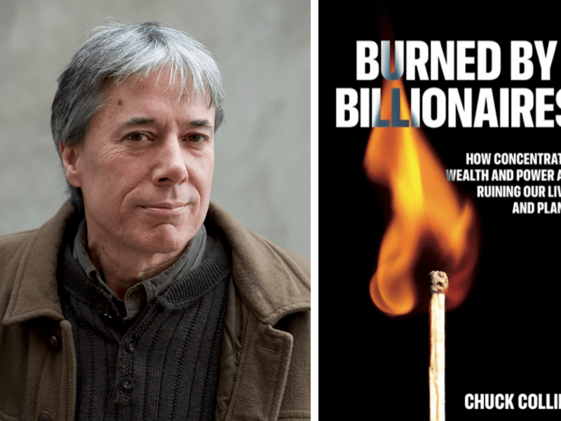 A man with gray hair in a brown coat stands next to the cover of a book titled "Burned by Billionaires" by Chuck Collins, featuring a lit match with text about wealth and power.