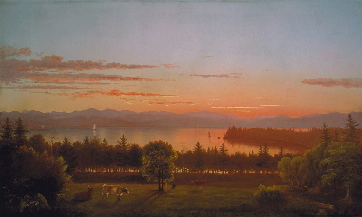 A serene landscape at sunset with grazing cows and deer in the foreground, trees, a calm lake with sailboats, and distant mountains under a colorful sky.