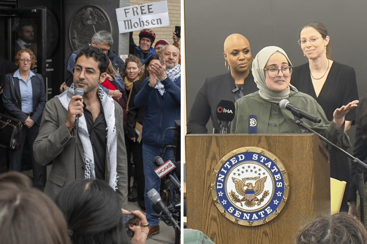 A split image shows a man speaking at a protest with a “Free Mohsen” sign, and a woman in a hijab speaking at a podium with a U.S. Senate seal, flanked by others.
