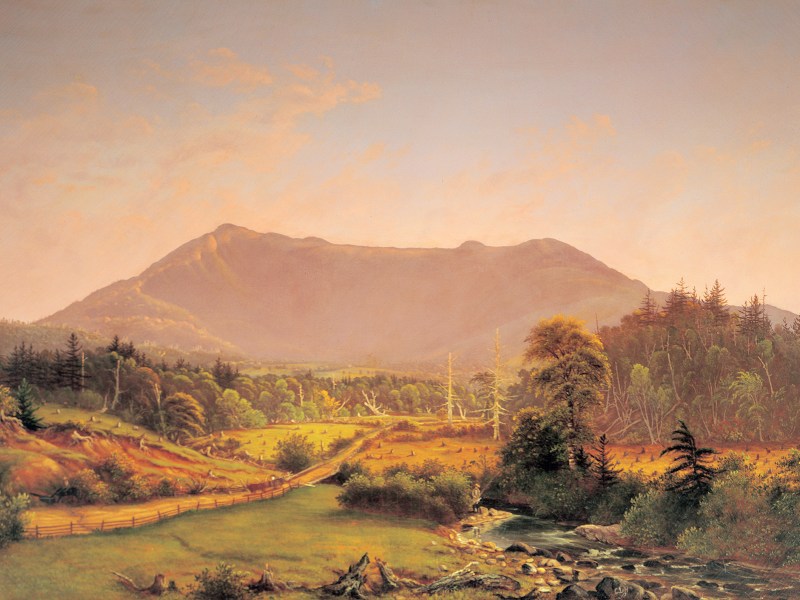 A landscape painting of a mountain under a hazy sky, with a forest, grassy fields, a fence, and a stream in the foreground.