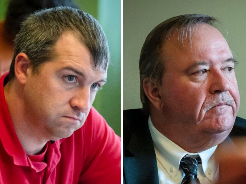 Side-by-side image of two men; the man on the left wears a red shirt, and the man on the right wears a suit and tie. Both appear to be in indoor settings.
