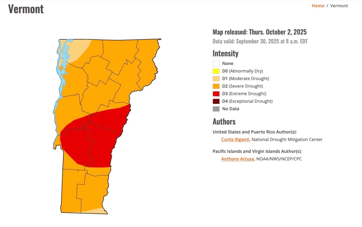 A map of Vermont shows drought intensity by region as of October 2, 2025, with most areas in moderate to severe drought and the southwest in exceptional drought.