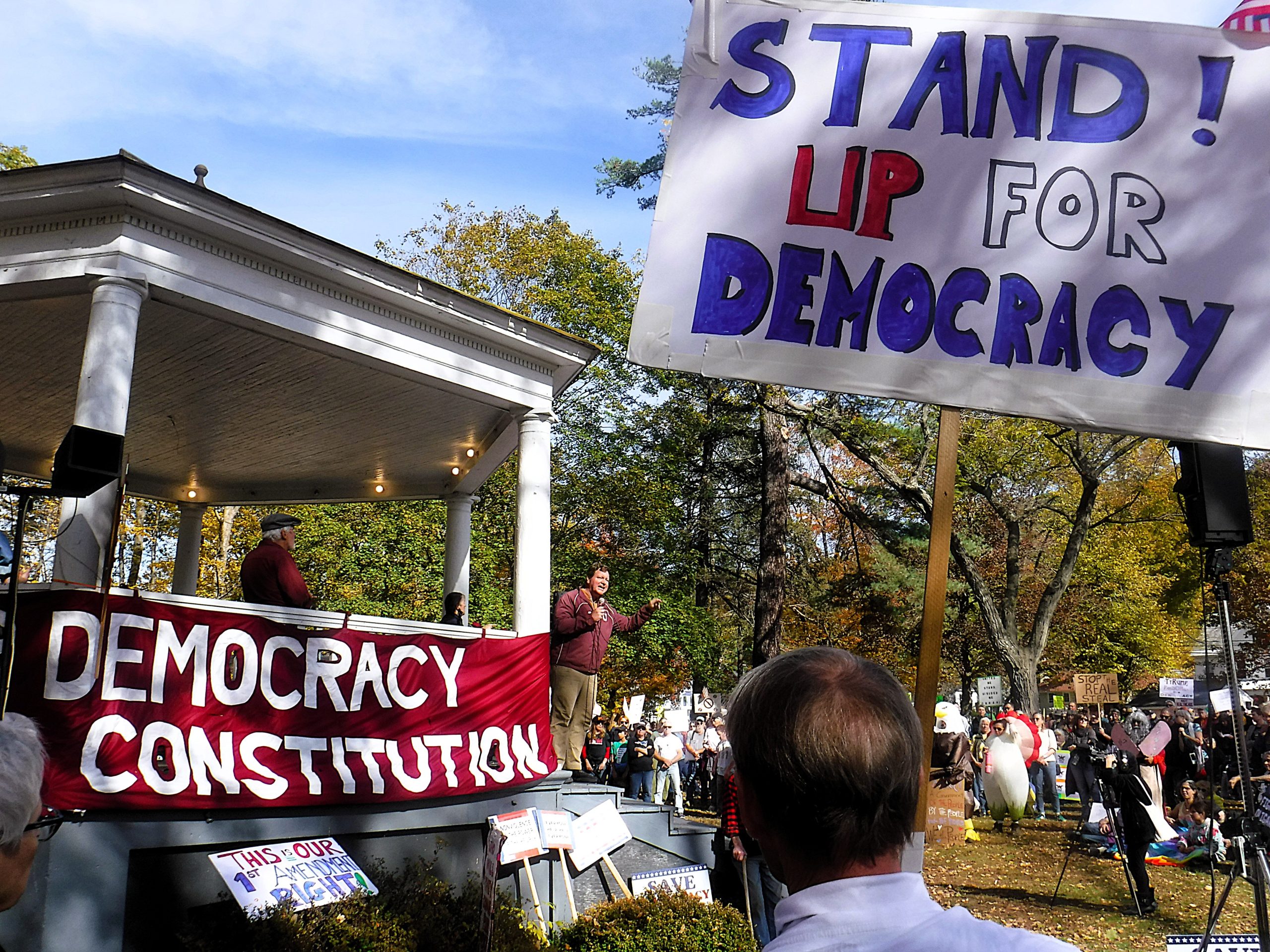 A crowd gathers near a gazebo draped with a “DEMOCRACY CONSTITUTION” banner; a large sign in the foreground reads “STAND UP FOR DEMOCRACY.”