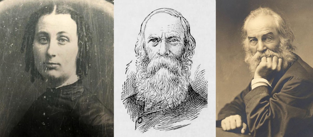 A collage showing a woman in a black dress, a black-and-white sketch of an older man with a beard, and an elderly man with a long beard resting his head on his hand.