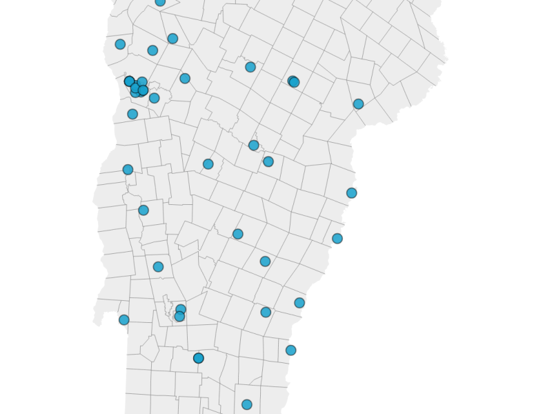 A map of Vermont with blue dots marking various locations across different counties.