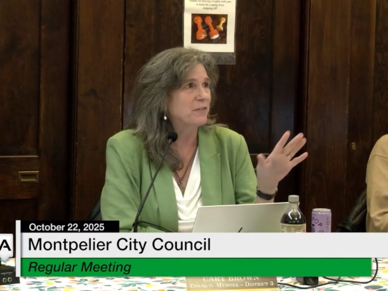 A woman in a green blazer speaks at a table during the Montpelier City Council regular meeting on October 22, 2025.