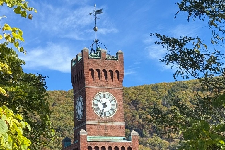 A red brick clock tower with a weather vane on top stands in front of forested hills under a blue sky.