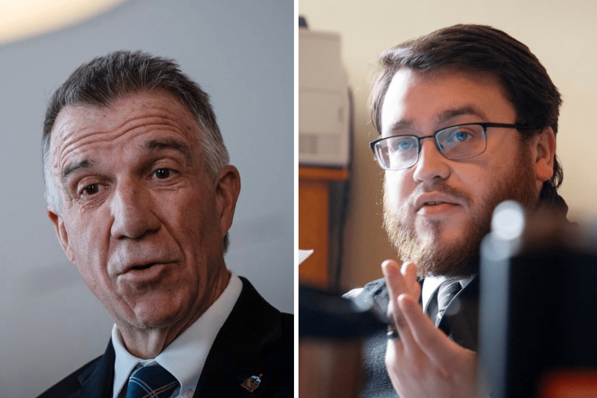 Two men in a split-screen image: one older with gray hair in a suit, and one younger with brown hair, beard, glasses, and casual attire, gesturing with his hand.