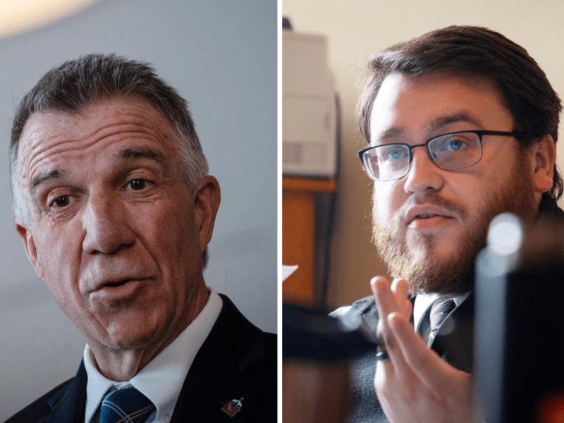 Two men in a split-screen image: one older with gray hair in a suit, and one younger with brown hair, beard, glasses, and casual attire, gesturing with his hand.
