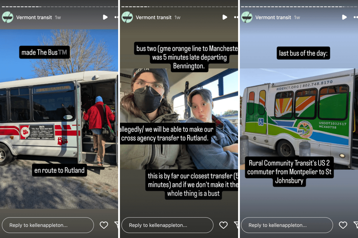 Three images show people boarding and riding rural buses in Vermont, with captions describing bus routes, delays, and agency transfers on local transit services.