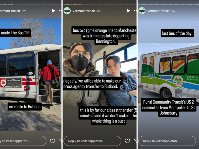 Three images show people boarding and riding rural buses in Vermont, with captions describing bus routes, delays, and agency transfers on local transit services.