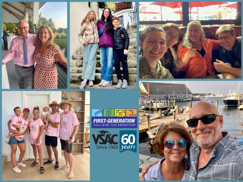 A collage of six images showing various groups of people smiling, posing outdoors and indoors, along with a central VSAC 60 years anniversary logo.