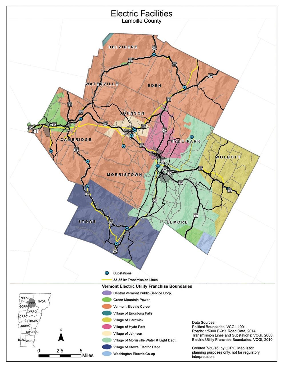 Map of Lamoille County, Vermont, showing electric utility franchise boundaries, towns, major roads, rivers, and locations of substations.