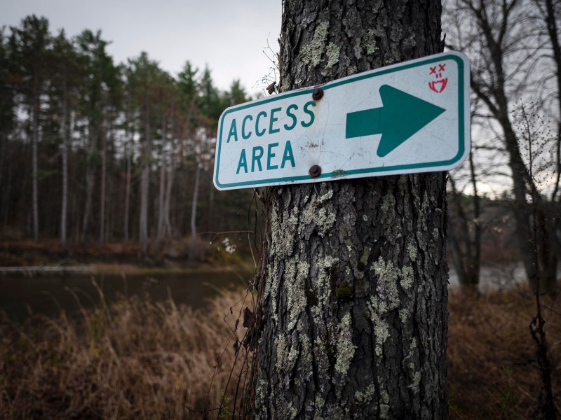 A sign reading "Access Area" with a right arrow is attached to a tree near a wooded area and a body of water.