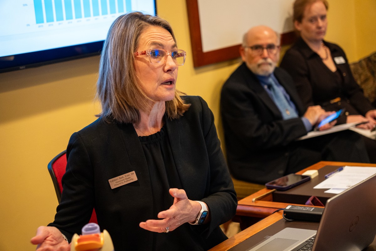 A woman in business attire speaks during a meeting, gesturing with her hand. Two other people sit in the background, and a presentation screen is visible.