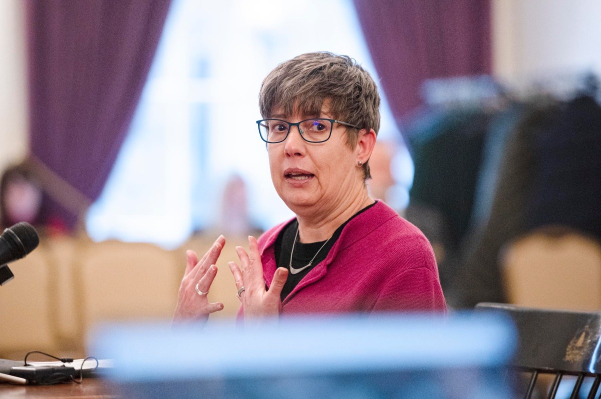 A person wearing glasses and a red sweater speaks into a microphone during a meeting or hearing, gesturing with their hands. Purple curtains and blurred figures appear in the background.