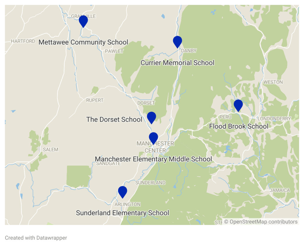A map showing the locations of six schools in Vermont, each marked with a blue pin and labeled with the school's name.