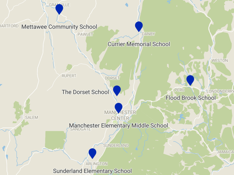 A map showing the locations of six schools in Vermont, each marked with a blue pin and labeled with the school's name.