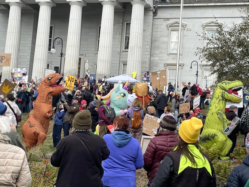 A crowd gathers outside a building with columns, some people in dinosaur costumes, and many holding protest signs.