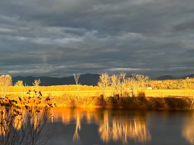 A calm river reflects golden autumn trees and a cloudy sky, with mountains visible in the background.