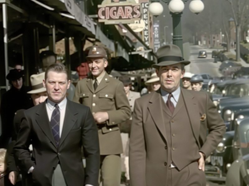 Two men in suits and a man in military uniform walk down a busy city street lined with shops, people, and parked vintage cars.
