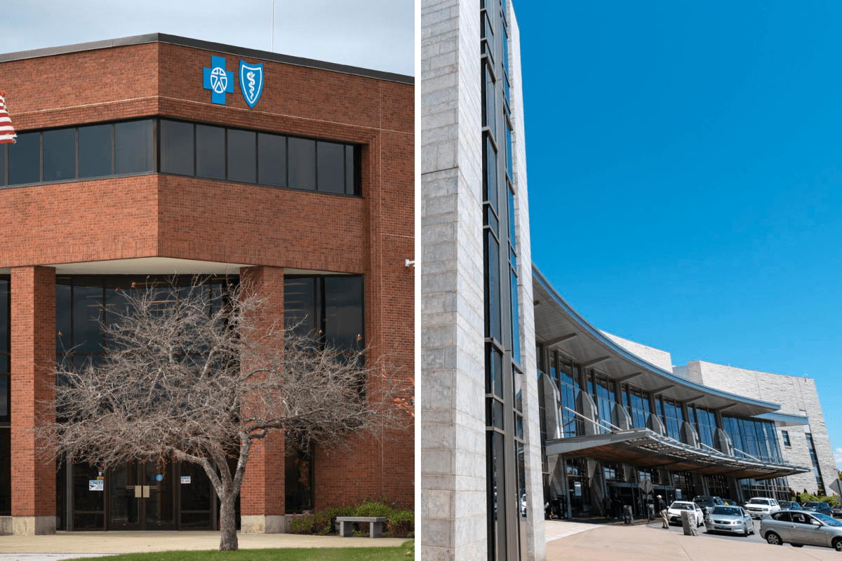 A side-by-side view of a brick office building with Blue Cross Blue Shield logos on the left, and a modern building with curved glass facade and parked cars on the right.