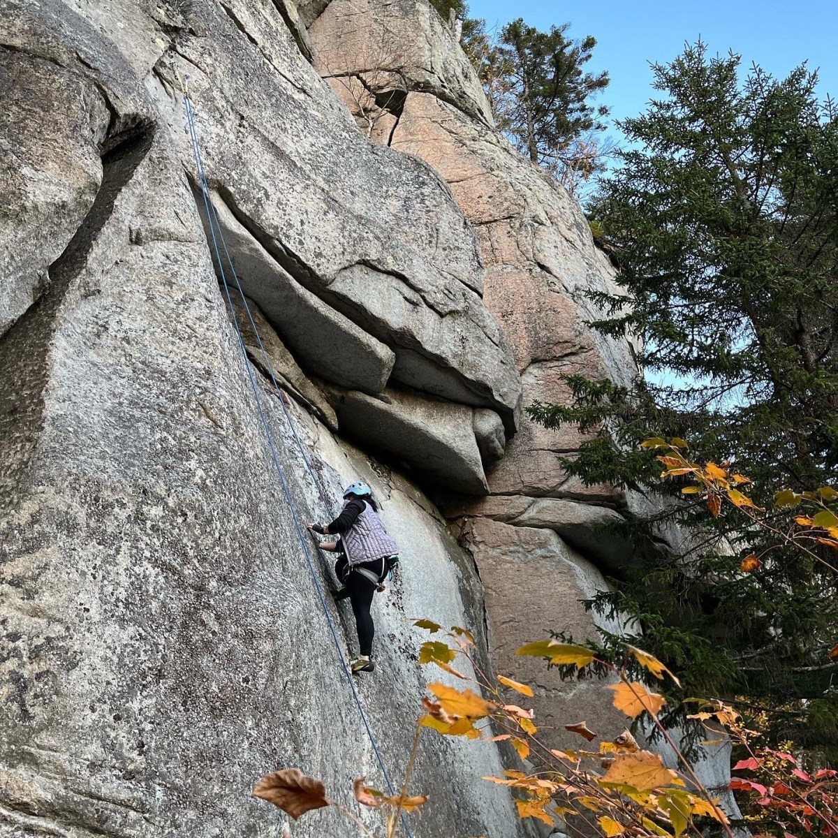 A person wearing a helmet and climbing gear ascends a rocky cliff face outdoors, surrounded by trees and autumn foliage.