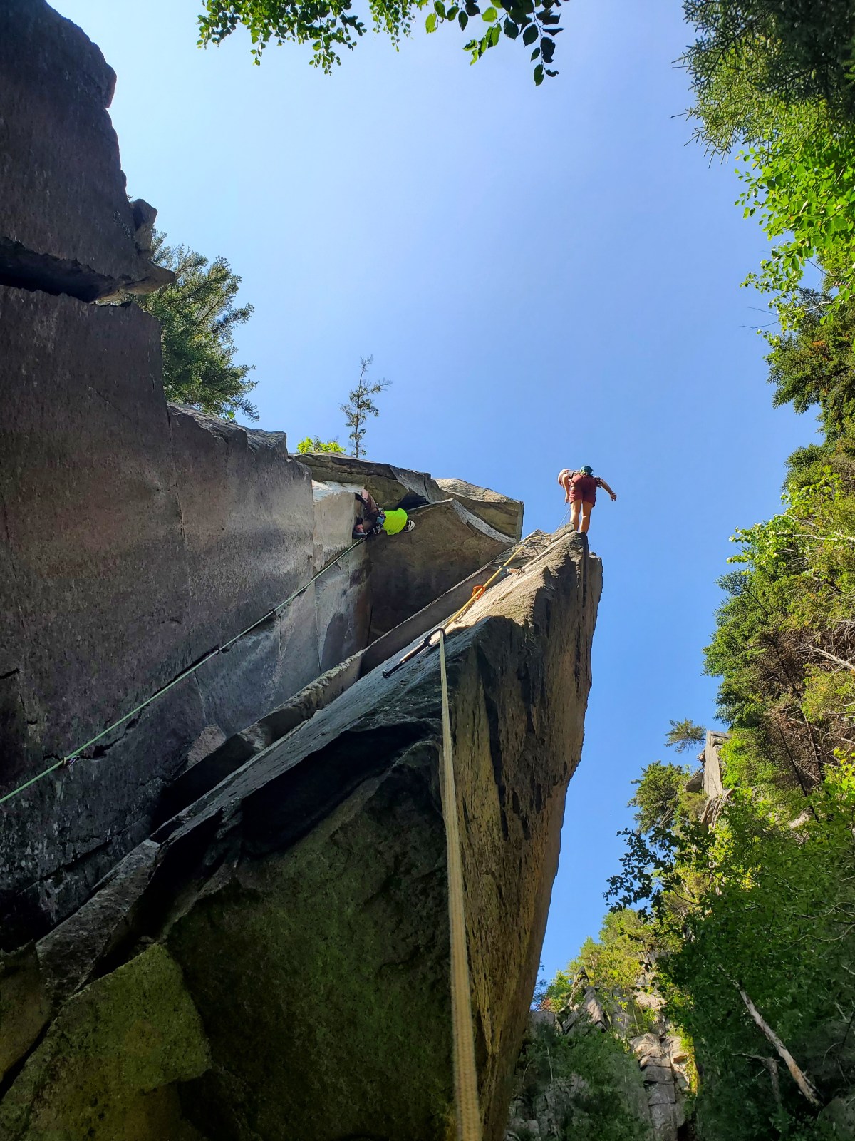 Two people are rock climbing on a steep, narrow rock formation under a clear blue sky, surrounded by trees.