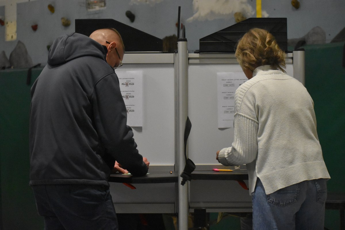 A man in a gray hoodie and a woman in a white shirt stand at voting booths.