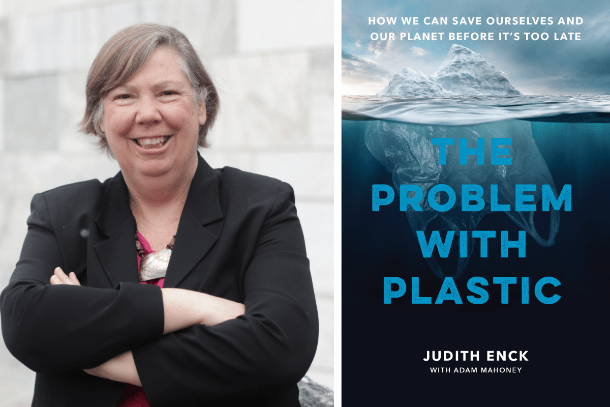 Portrait of a smiling woman in a suit beside the book cover titled "The Problem with Plastic" by Judith Enck, featuring an iceberg and plastic waste.