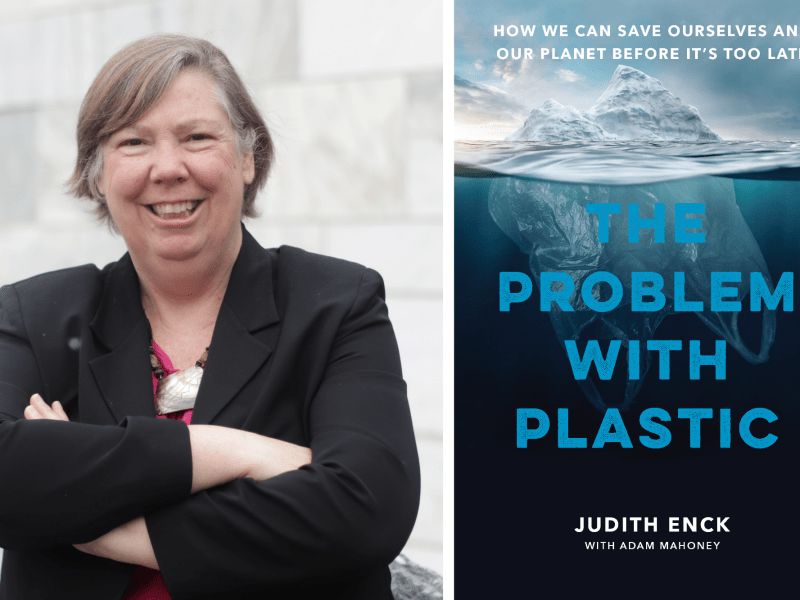 Portrait of a smiling woman in a suit beside the book cover titled "The Problem with Plastic" by Judith Enck, featuring an iceberg and plastic waste.