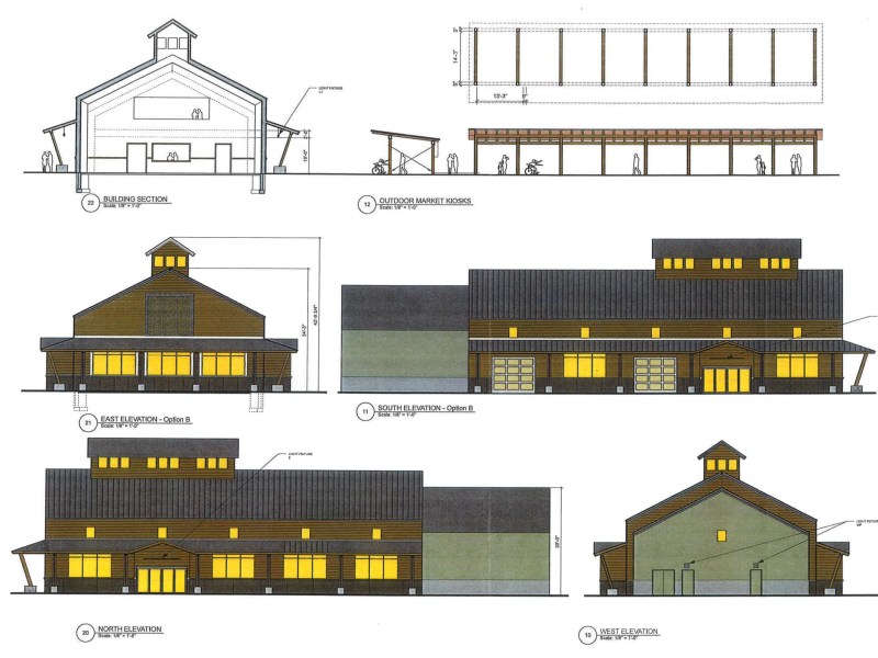 Architectural elevation and section drawings of a market building, showing front, side, rear, and roof views with labeled dimensions and design details.