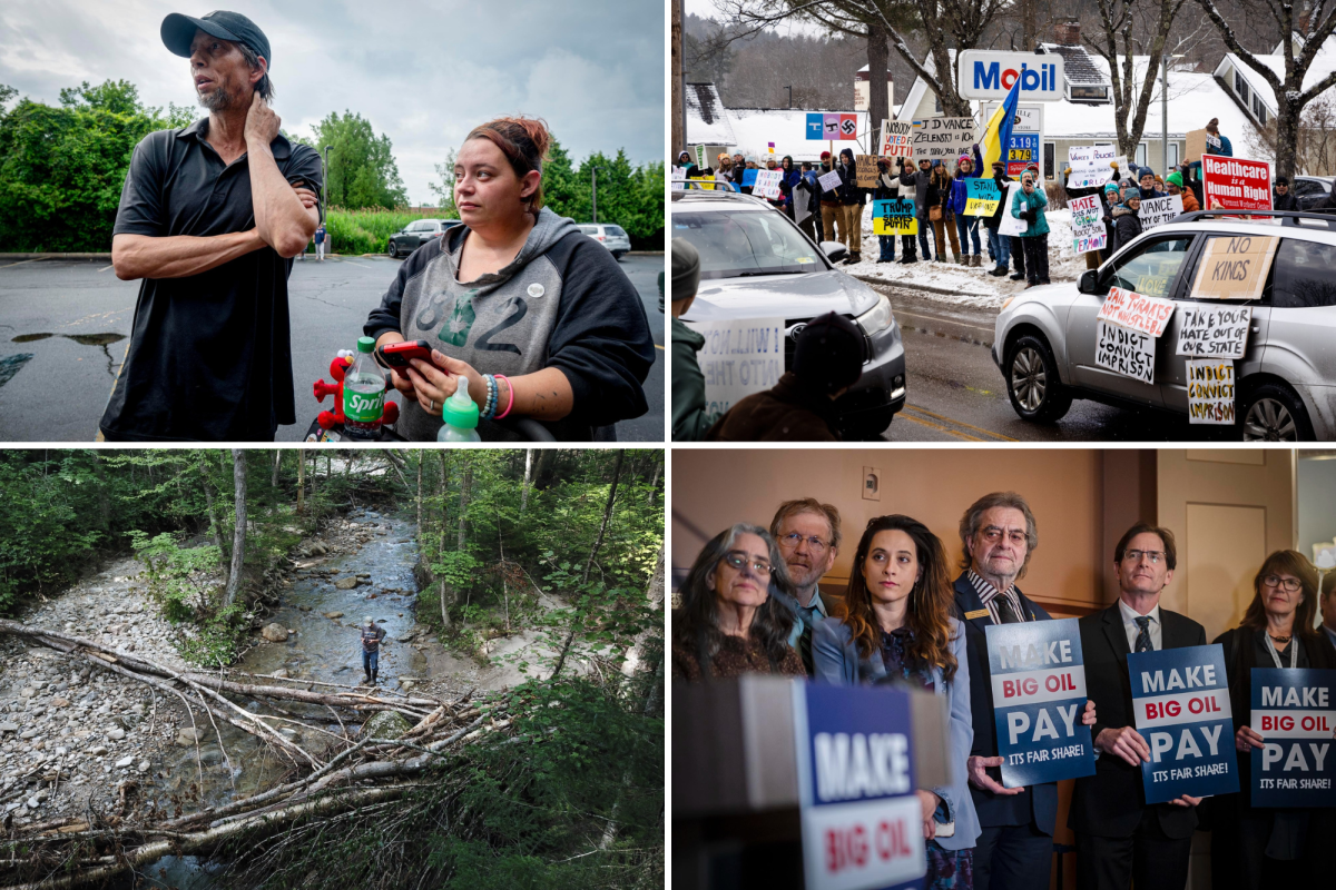 A collage showing people affected by and protesting climate change: residents, demonstrators, a flooded area, and a group holding "Make Big Oil Pay" signs at a press event.