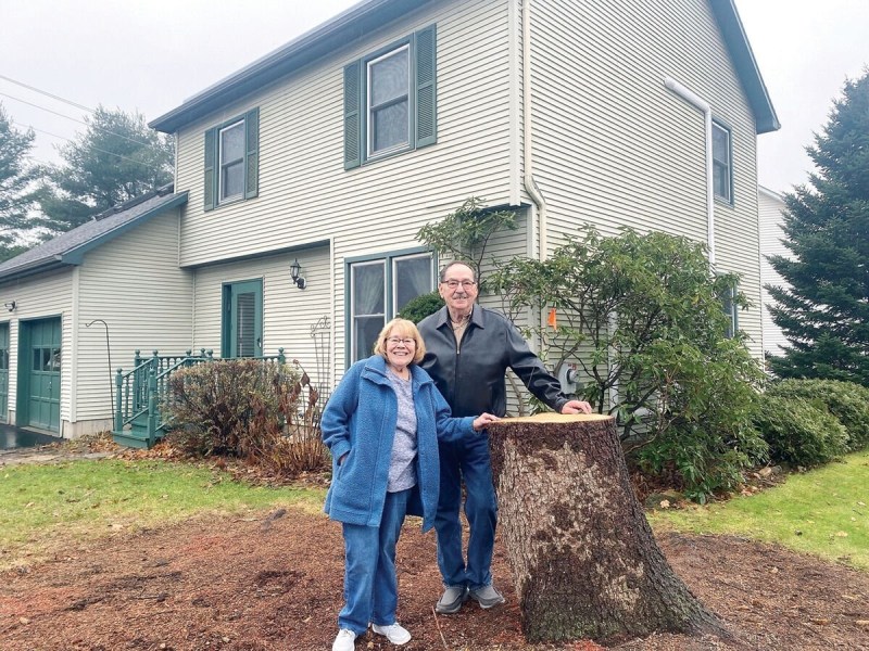 Two older adults stand outside a light-colored house next to a large tree stump on a cloudy day.