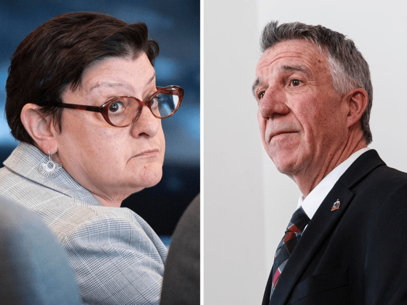 Two people in professional attire, one with short hair and glasses facing left, and one with short gray hair and a striped tie facing right, pictured in separate settings.