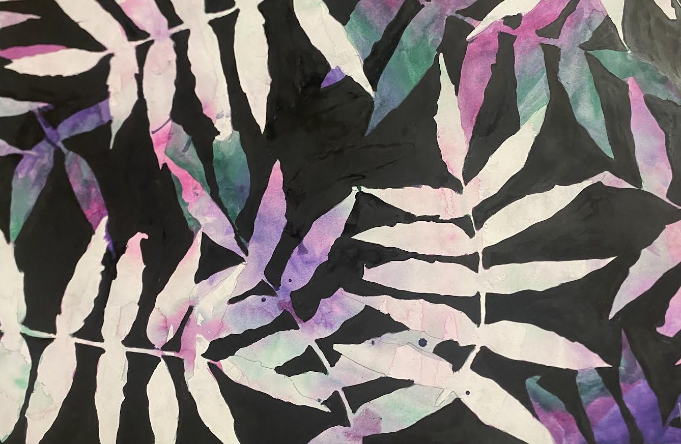 Abstract painting of fern leaves with black background; leaves are white with pink, purple, and green watercolor accents.