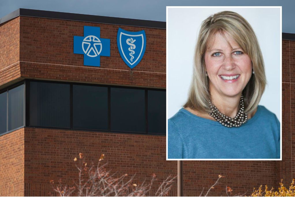 A brick building with Blue Cross Blue Shield logos and a portrait of a smiling woman with blonde hair in an inset.