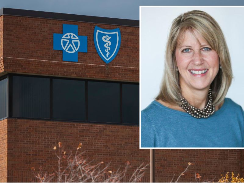 A brick building with Blue Cross Blue Shield logos and a portrait of a smiling woman with blonde hair in an inset.