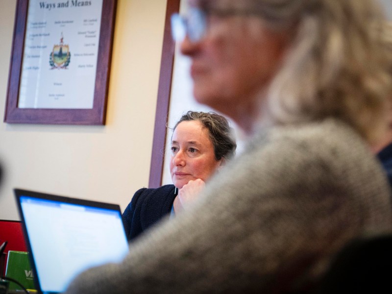 A woman sits attentively at a table during a meeting, with a blurred person and an open laptop in the foreground. A framed "Ways and Means" sign hangs on the wall behind her.